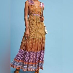 Anthropologie Mustard and Purple Patterned Maxi Dress